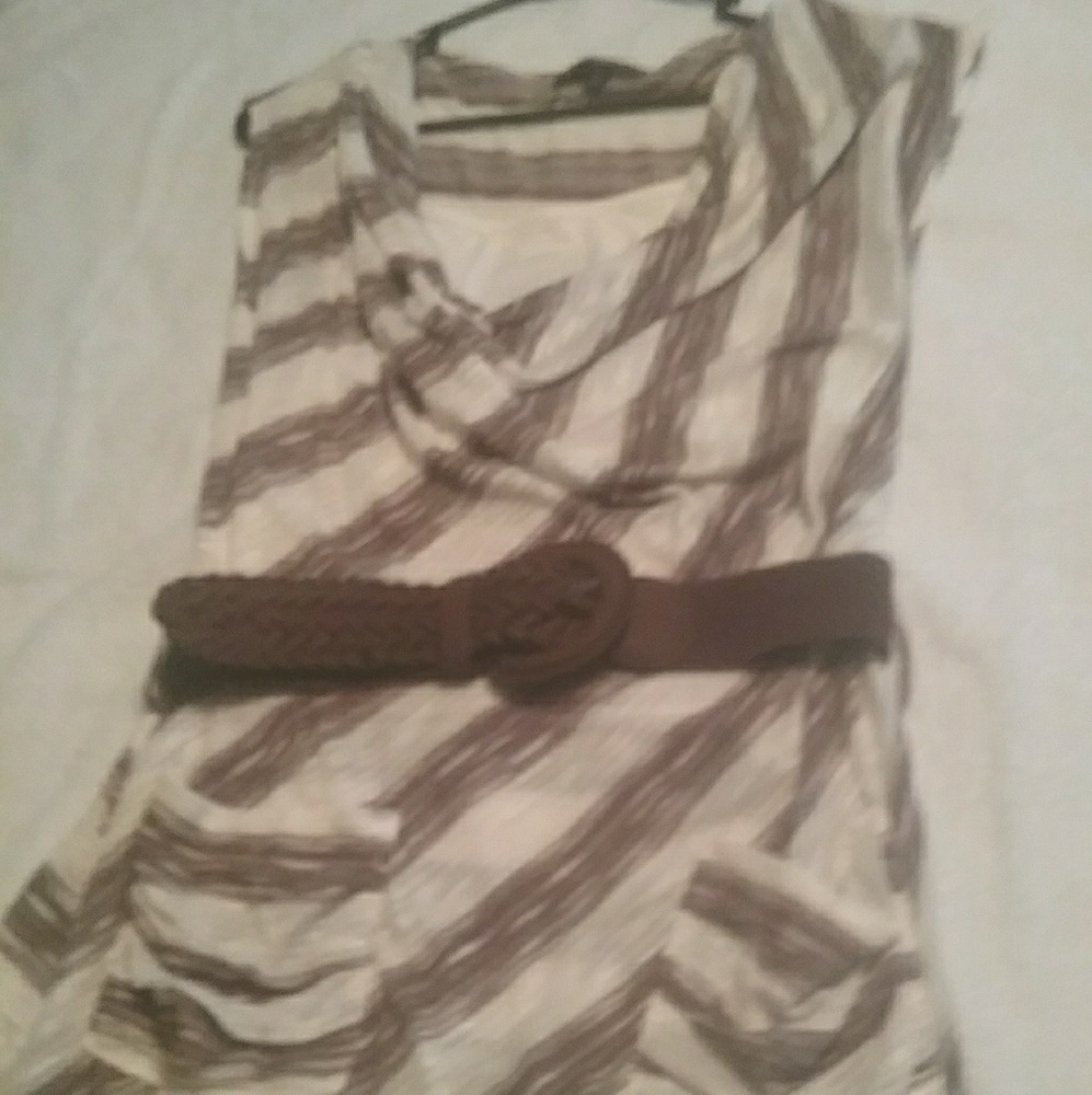 Brown and creme blouse with stripes with belt